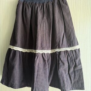 Girls cotton-flannel Checkered Skirt with Lace Detail - navy and burgundy check